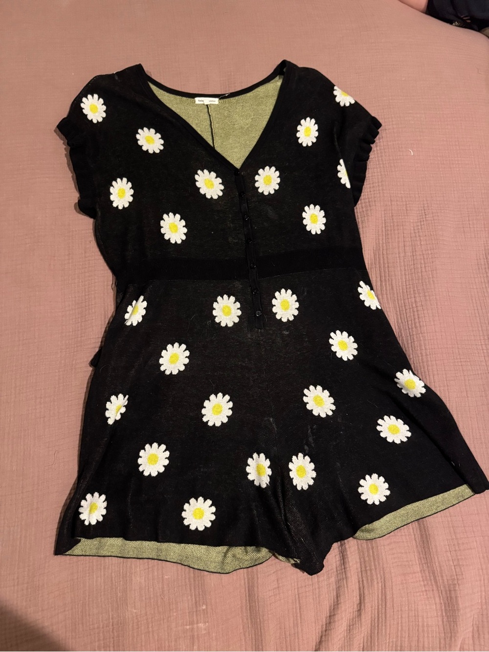 Black Daisy Print Knit Romper - button front